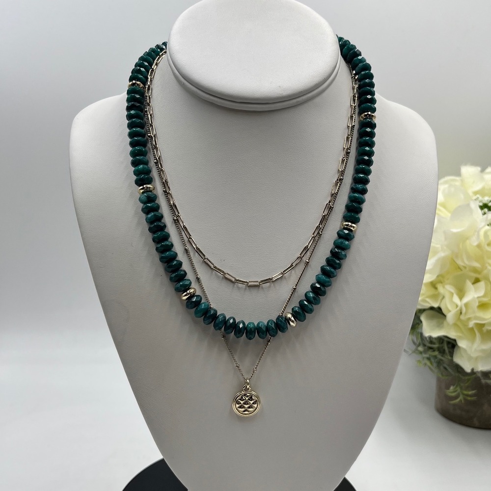 J. Crew Triple Strand Teal Beaded Gold Chain Disc Layered Paperclip Necklaceโ